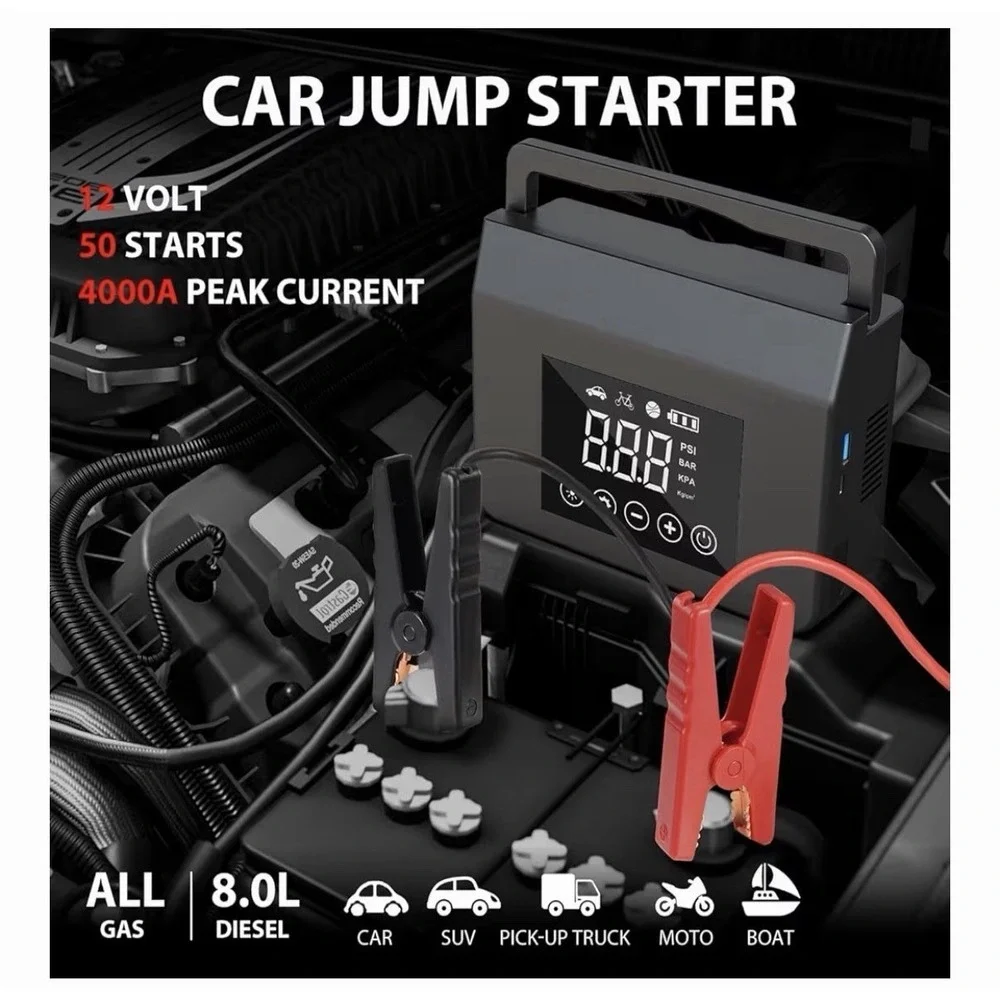 4000A Jump Starter with Air Compressor, 12V Portable Car Battery Charger,
